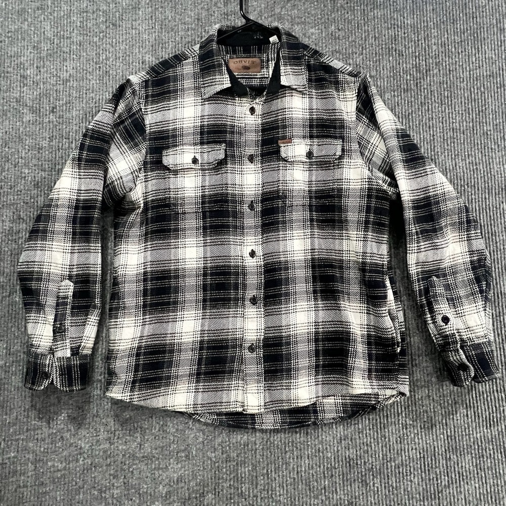 Orvis Mens Black White Plaid Heavyweight Flannel Button Up Coat Jacket M